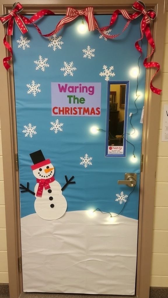 Creative Christmas Door Decorations for 5th Graders A festive Christmas door decoration with a snowman and snowflakes, enhanced with lights and ribbons.